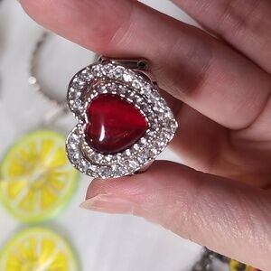 Silver tone red heart clear rhinestones fashion ring size 9 to 10
